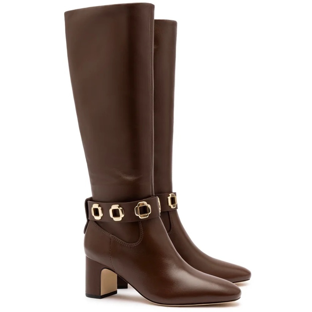 Larroudé Milan Knee High Block Boots Cognac Brown Leather Size 7 NWOB $530 - Picture 3 of 8